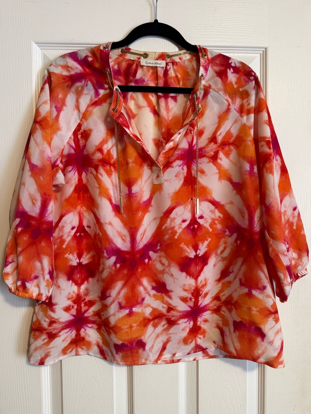 Calvin Klein Orange & Pink Tie-Dye V-Neck Tunic with Drawstring